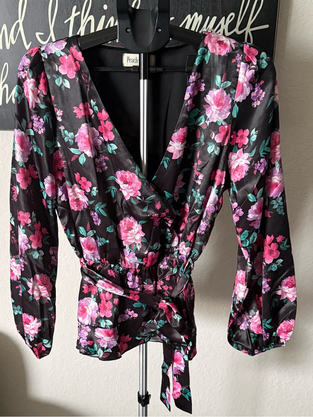 Peach Love California Black Floral Faux Wrap Blouse with Pink Blooms NWOT